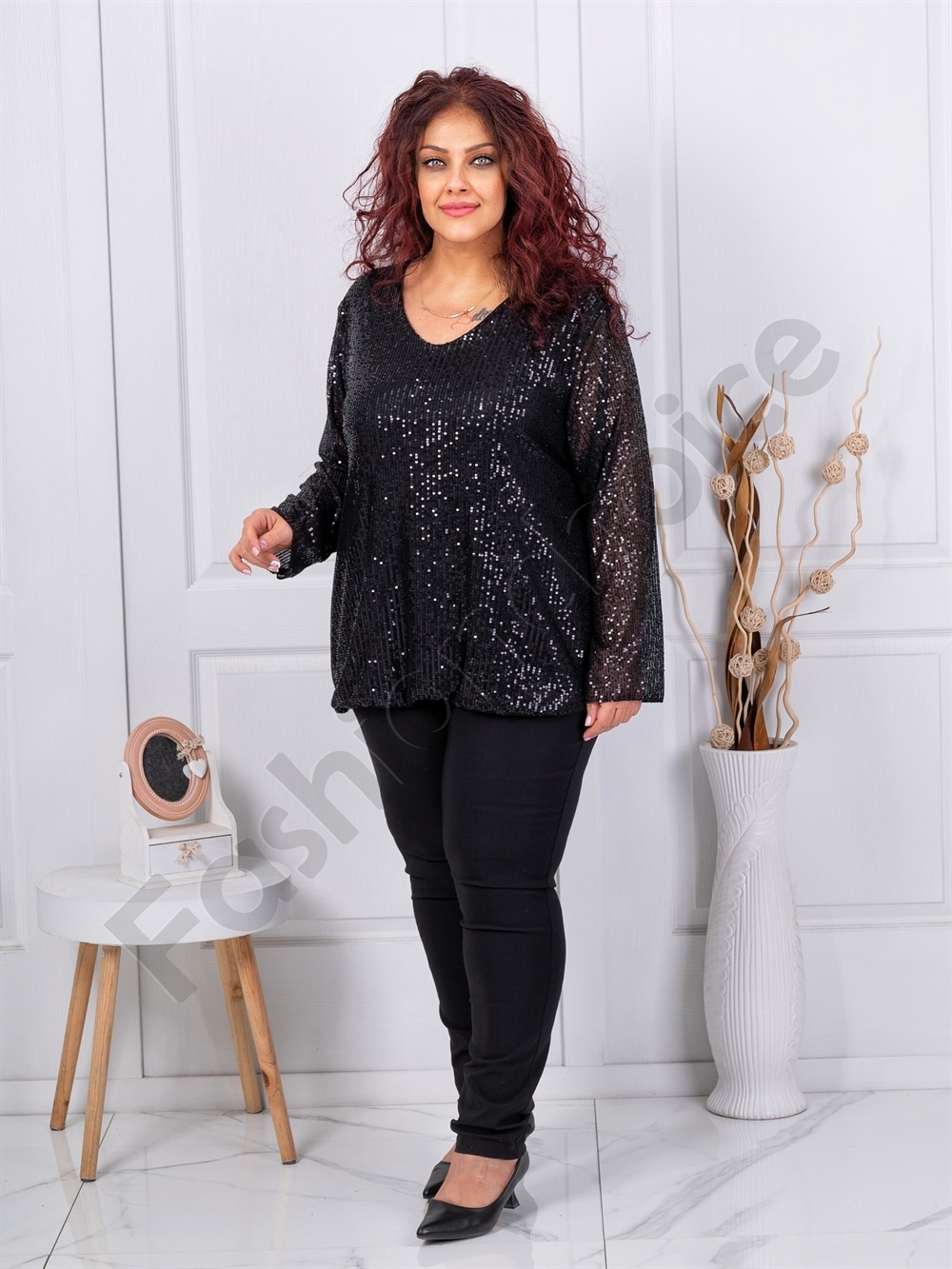 Plus size μπλούζα με παγιέτες-μαύρο-κωδ 241026
