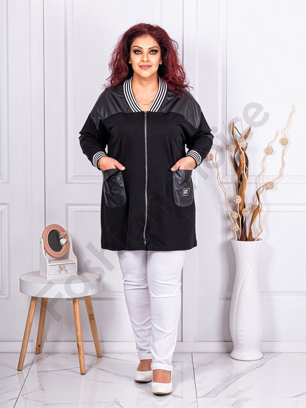 Plus size τζάκετ με ριγέ μοτίβα-κωδ 1374