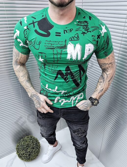 Ανδρικό T-shirt με επιγραφές-πράσινο-κωδ 6231-2