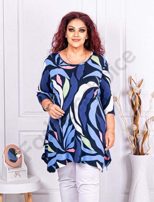 Plus size ασύμμετρη τουνίκ με σχέδια-μπλε-κωδ 24100-2