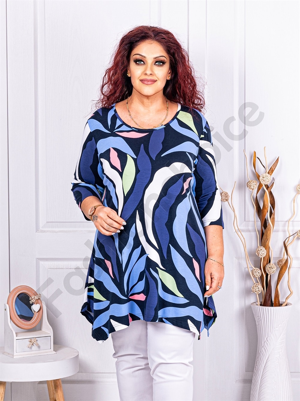 Plus size ασύμμετρη τουνίκ με σχέδια-μπλε-κωδ 24100-2