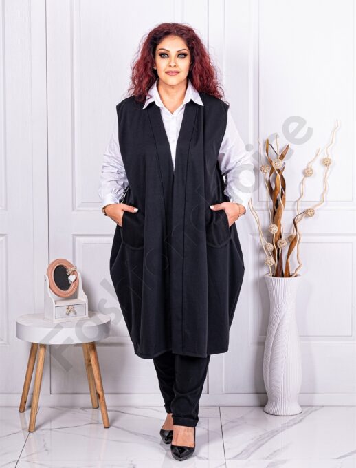 Plus size μακρύ γιλέκο με τσέπες-μαύρο-κωδ 2981