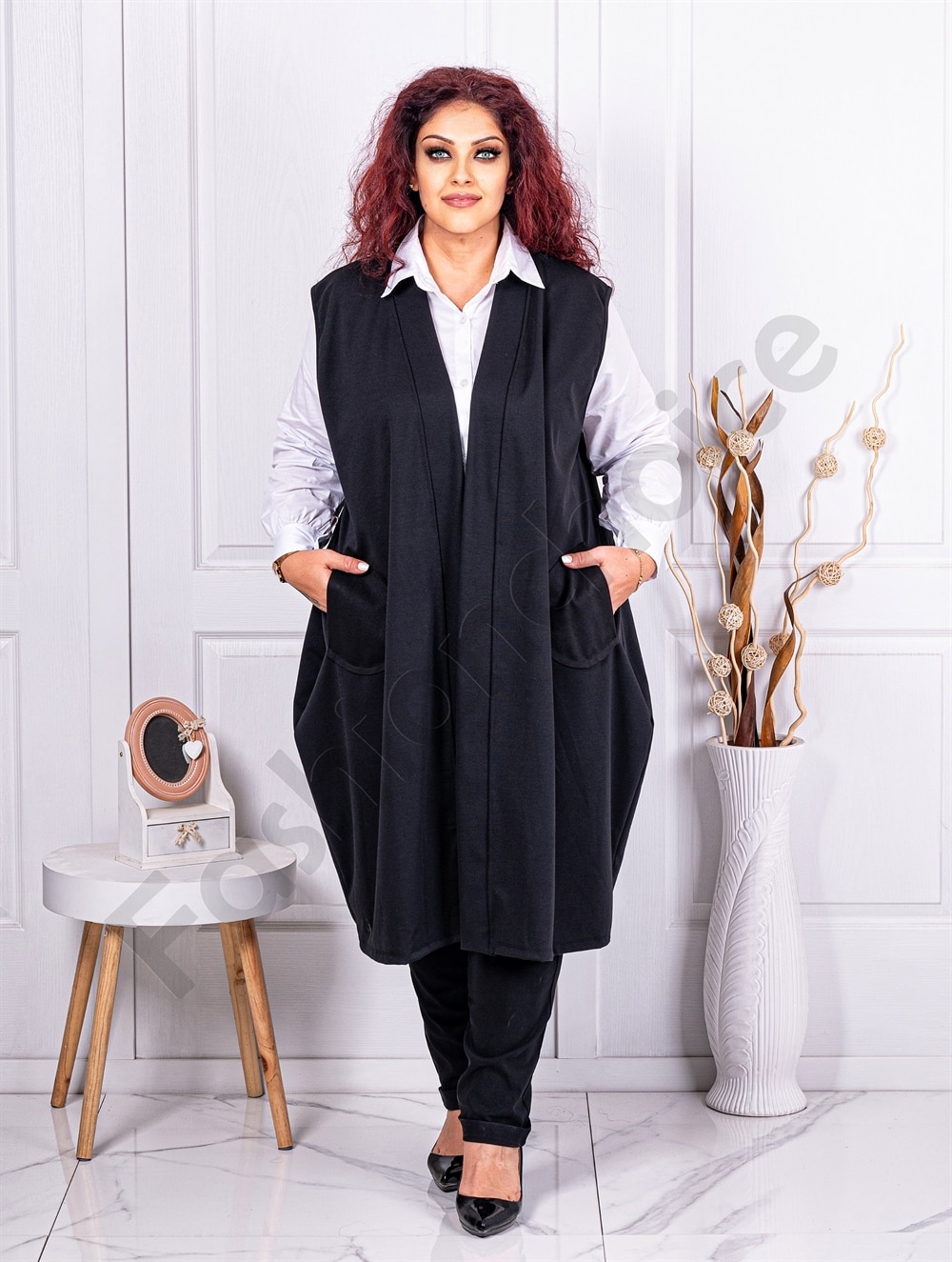 Plus size μακρύ γιλέκο με τσέπες-μαύρο-κωδ 2981