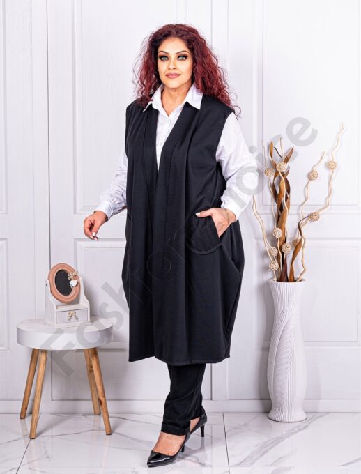 Plus size μακρύ γιλέκο με τσέπες-μαύρο-κωδ 2981