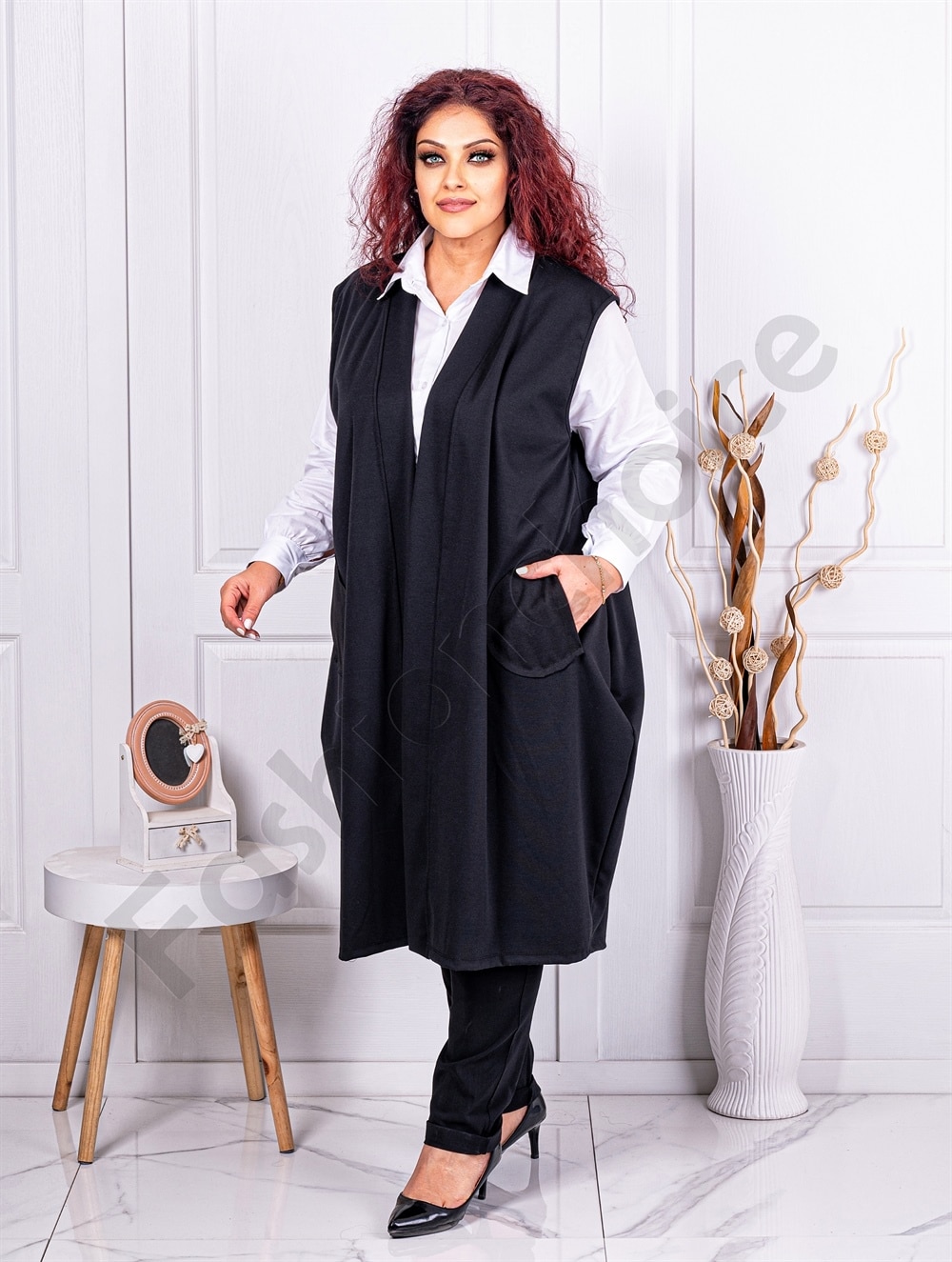 Plus size μακρύ γιλέκο με τσέπες-μαύρο-κωδ 2981