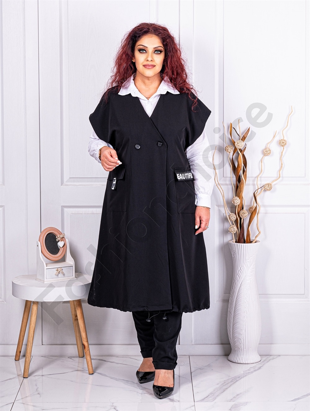 Plus size μακρύ γιλέκο με τσέπες-κωδ 3025