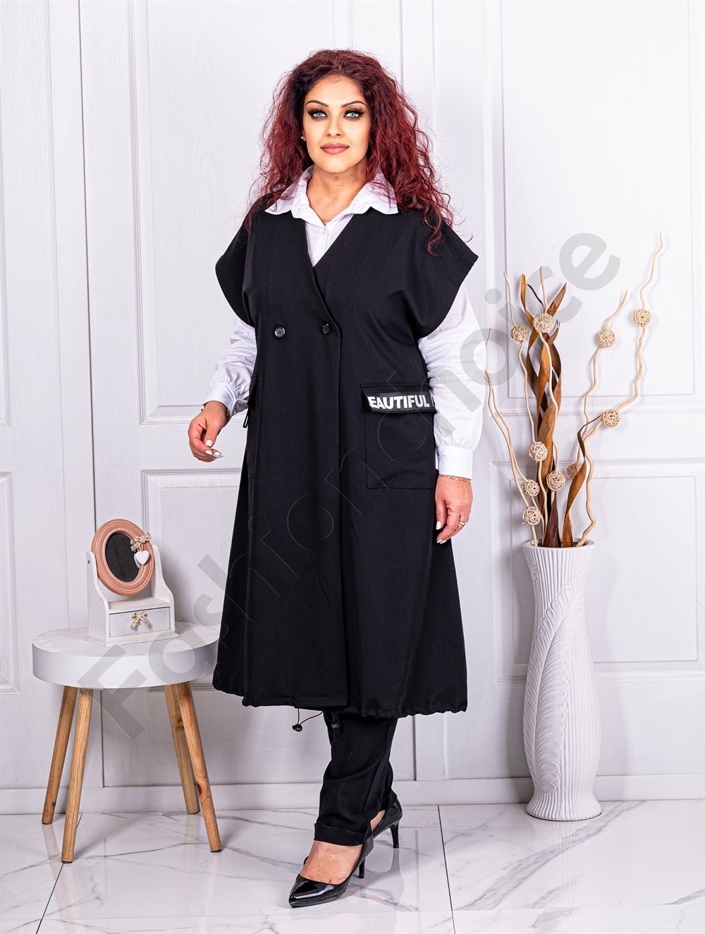 Plus size μακρύ γιλέκο με τσέπες-κωδ 3025