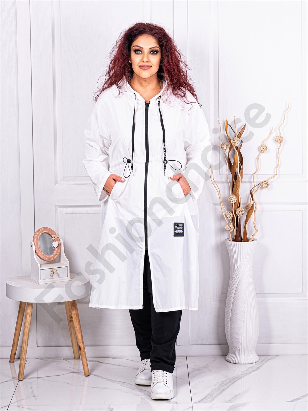 Plus size καμπαρντίνα απο τεχνικό ύφασμα-λευκό-κωδ 9829-2