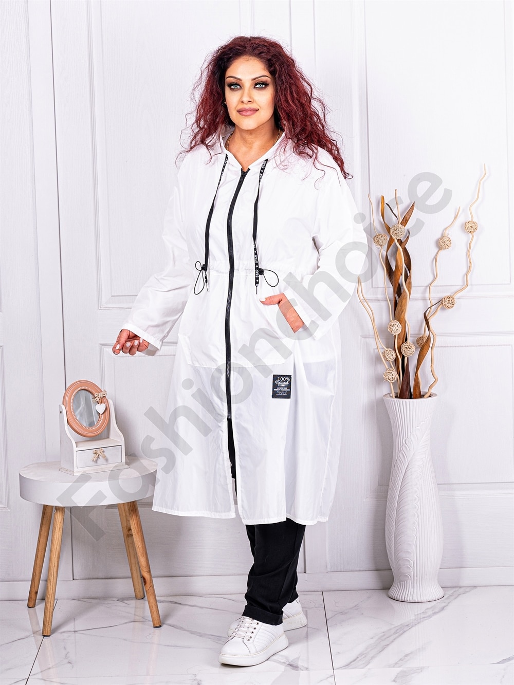 Plus size καμπαρντίνα απο τεχνικό ύφασμα-λευκό-κωδ 9829-2