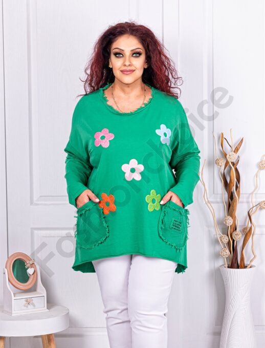 Plus size φλοράλ μπλούζα με τσέπες-πράσινο-κωδ 9854-1