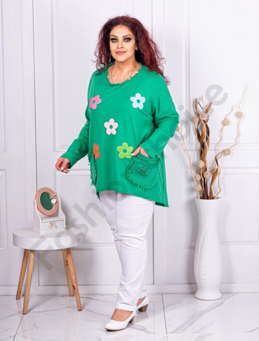 Plus size φλοράλ μπλούζα με τσέπες-πράσινο-κωδ 9854-1