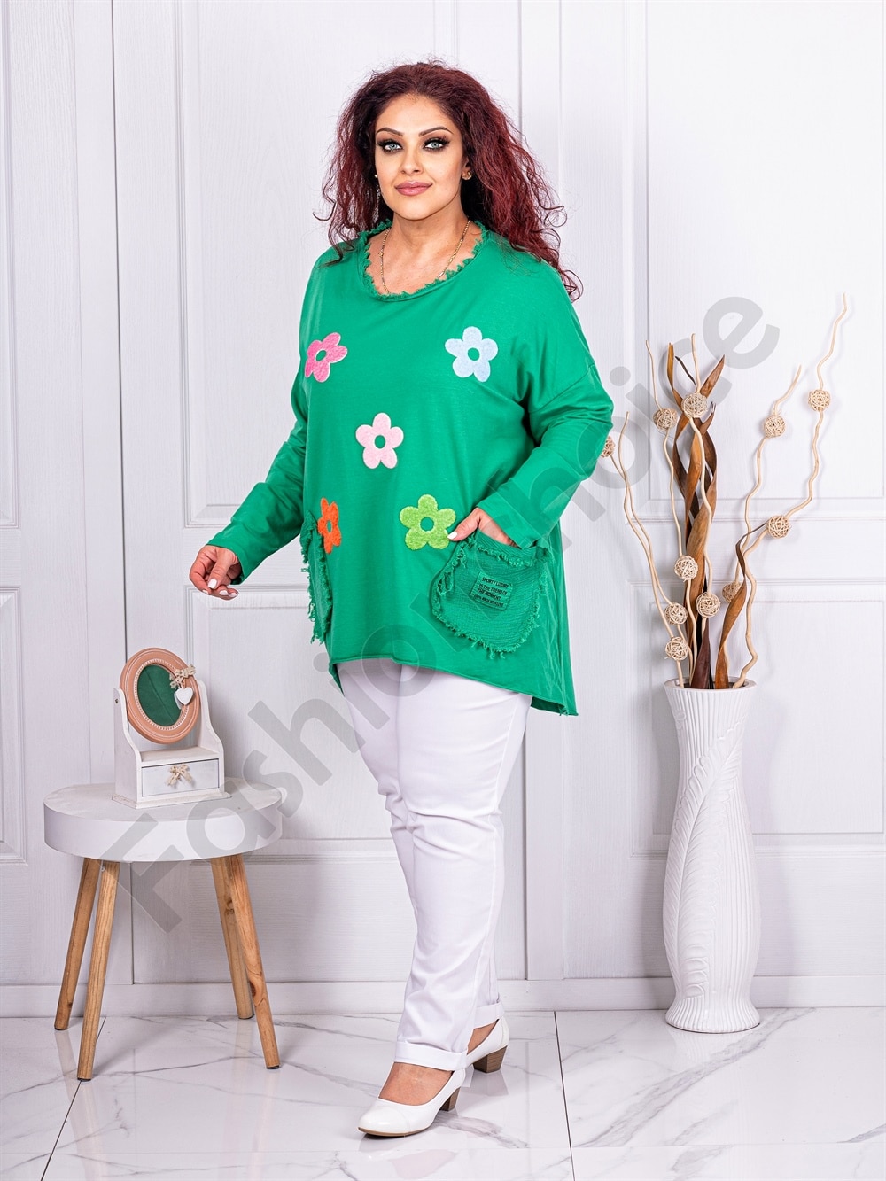 Plus size φλοράλ μπλούζα με τσέπες-πράσινο-κωδ 9854-1