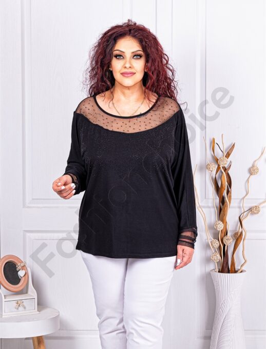 Plus size μπλούζα με τούλι ντεκολτέ και στρας-κωδ 473