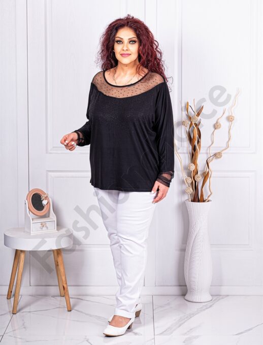 Plus size μπλούζα με τούλι ντεκολτέ και στρας-κωδ 473