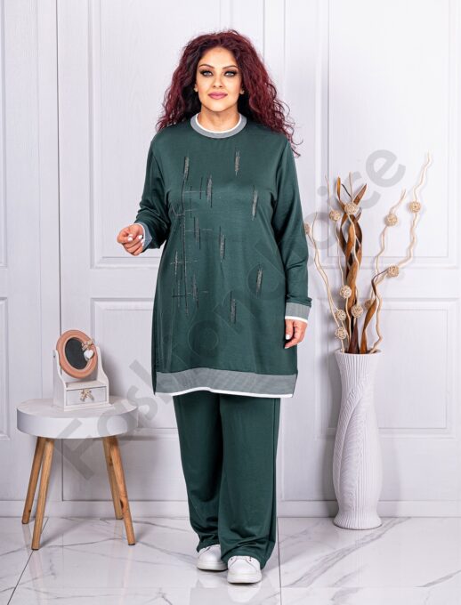 Plus size σετ μπλούζα-παντελόνα με στρας-πράσινο σκούρο-κωδ 463-1