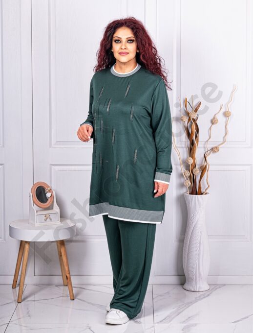 Plus size σετ μπλούζα-παντελόνα με στρας-πράσινο σκούρο-κωδ 463-1
