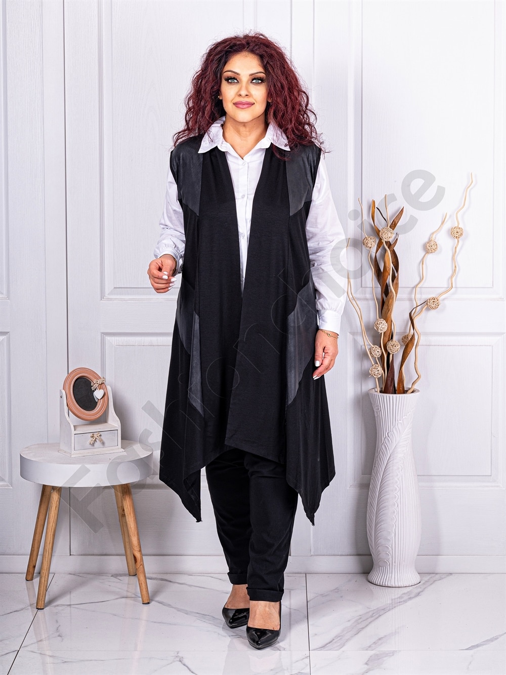 Plus size μακρύ ασύμμετρο γιλέκο-μαύρο-κωδ 403