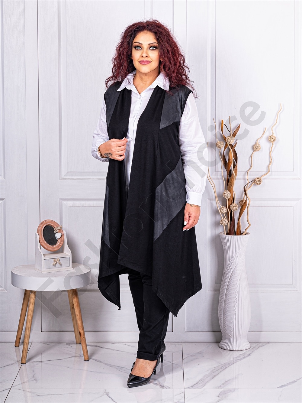 Plus size μακρύ ασύμμετρο γιλέκο-μαύρο-κωδ 403