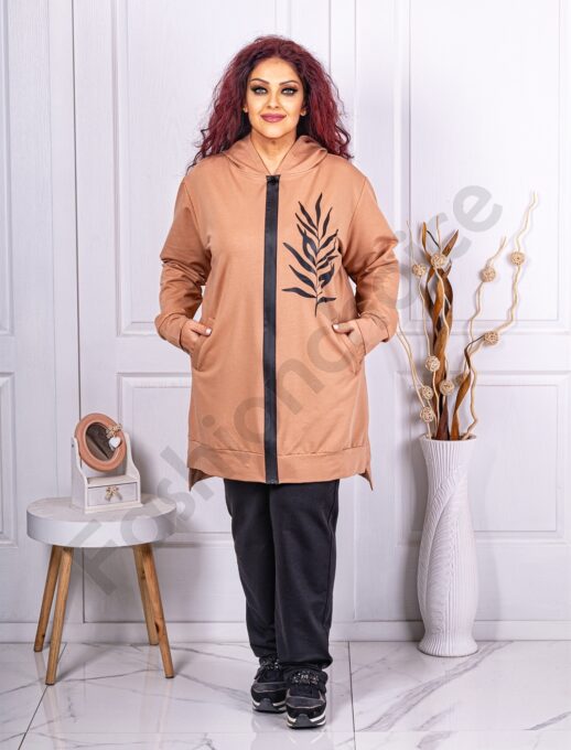 Plus size σετ μπλούζα-παντελόνα με επιγραφές-μπεζ-κωδ 1403-2
