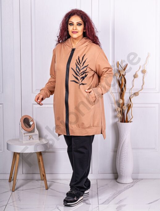Plus size σετ μπλούζα-παντελόνα με επιγραφές-μπεζ-κωδ 1403-2