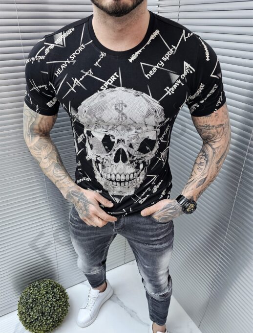 Ανδρικό T-shirt με τύπωμα νεκροκεφαλή Heavy Sport-κωδ 9813
