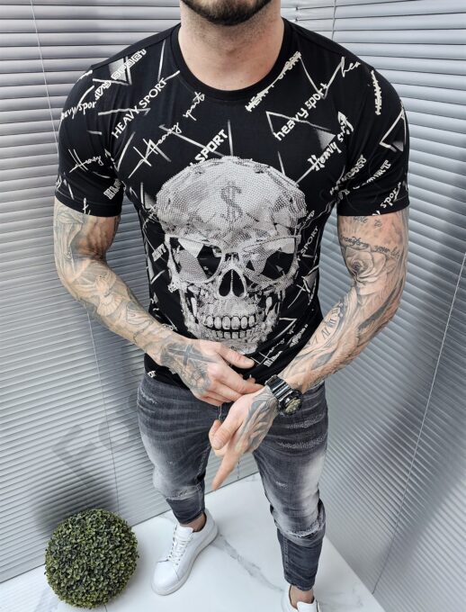 Ανδρικό T-shirt με τύπωμα νεκροκεφαλή Heavy Sport-κωδ 9813
