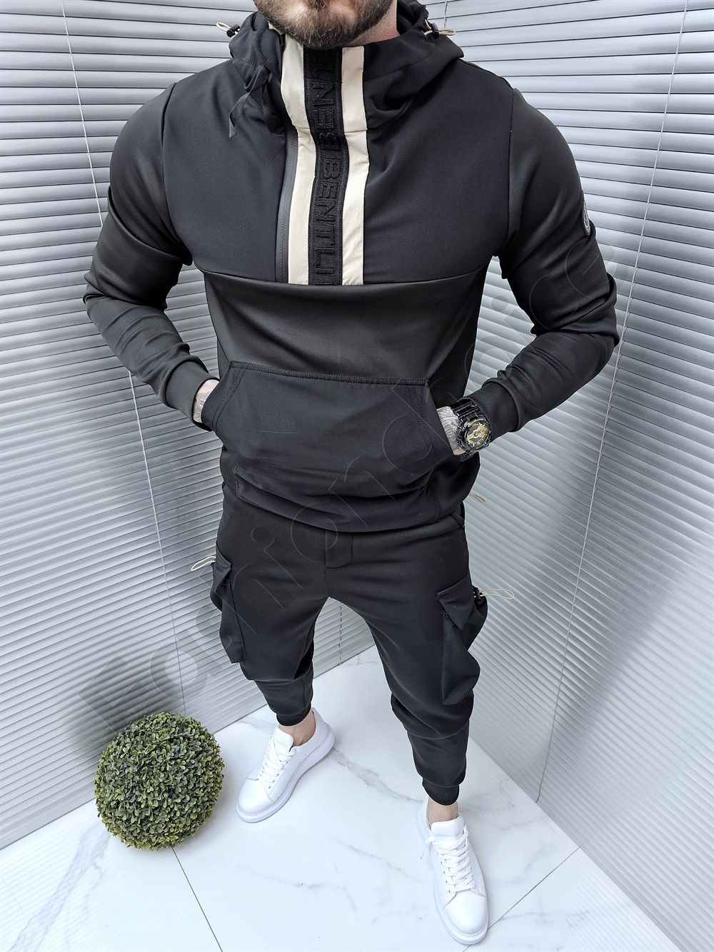 Ανδρικό σετ φόρμες hoodie-μαύρο/μπεζ-κωδ 247103-1