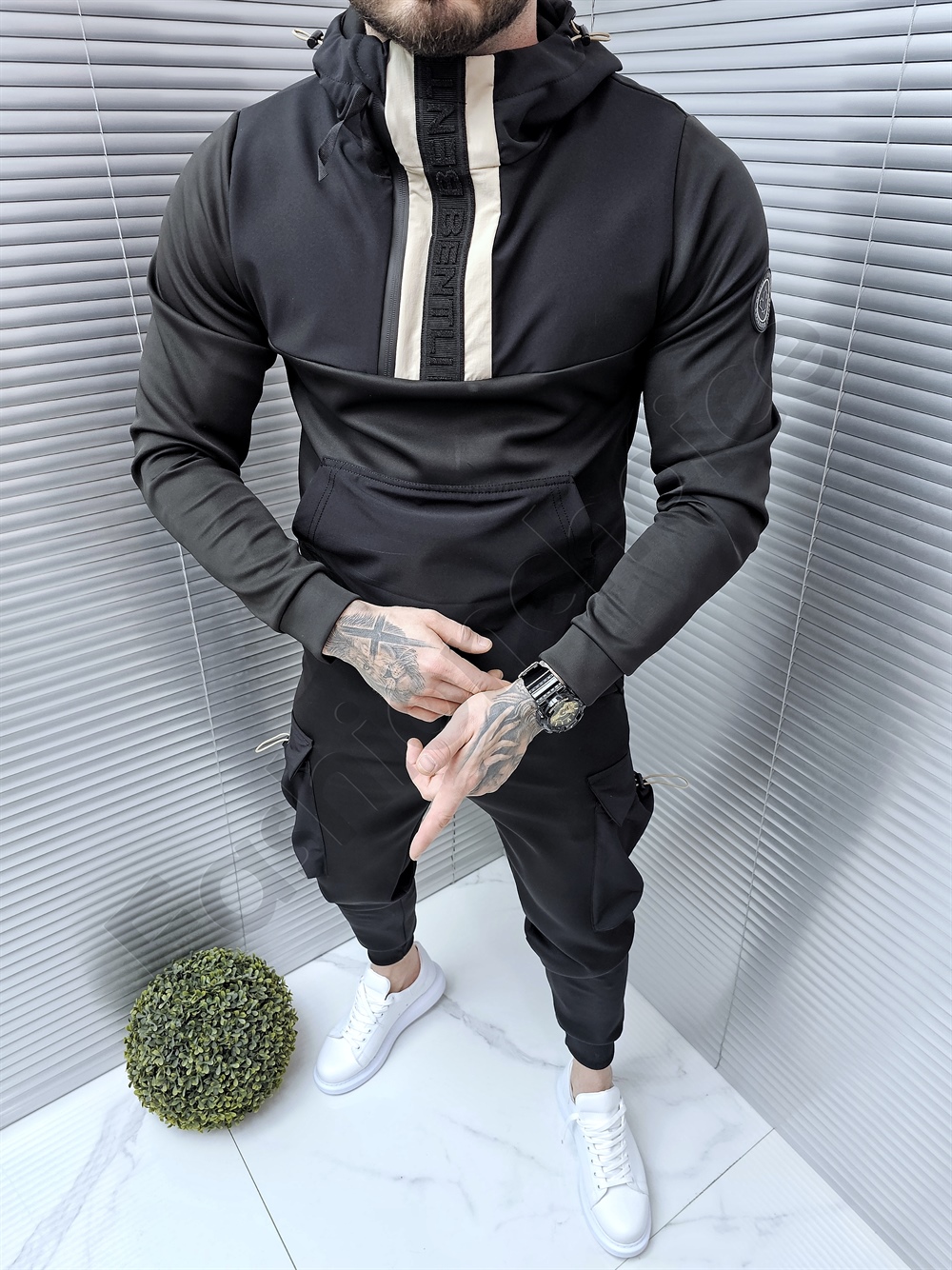 Ανδρικό σετ φόρμες hoodie-μαύρο/μπεζ-κωδ 247103-1