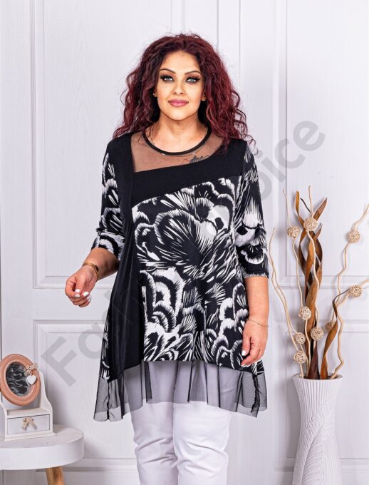 Plus size τουνίκ με σχέδιο και τούλι-μαύρο-κωδ 241358