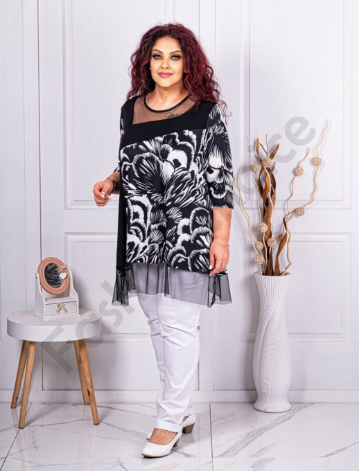 Plus size τουνίκ με σχέδιο και τούλι-μαύρο-κωδ 241358