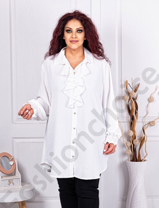Plus size πουκάμισο με βολάν μπροστά-λευκό-κωδ 3205-2