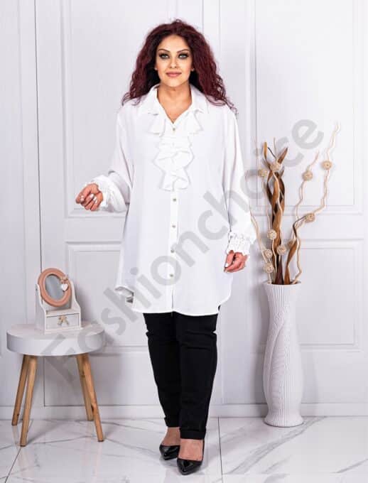 Plus size πουκάμισο με βολάν μπροστά-λευκό-κωδ 3205-2
