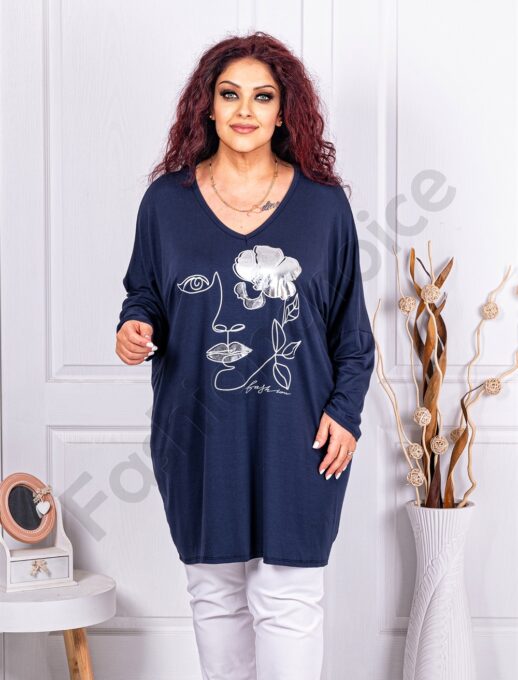 Plus size τουνίκ V λαιμόκοψη με Арт τύπωμα-μπλε-κωδ 1278-4