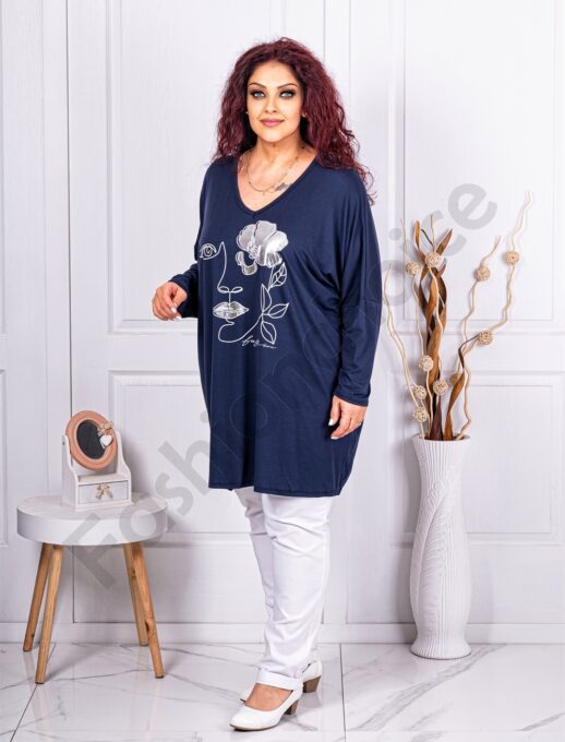 Plus size τουνίκ V λαιμόκοψη με Арт τύπωμα-μπλε-κωδ 1278-4
