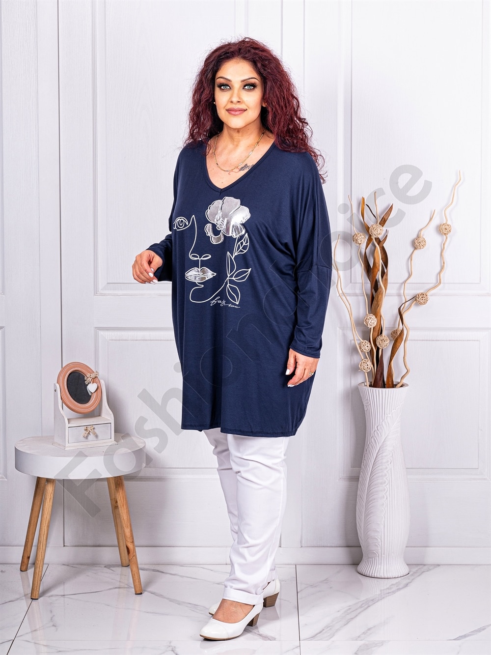 Plus size τουνίκ V λαιμόκοψη με Арт τύπωμα-μπλε-κωδ 1278-4