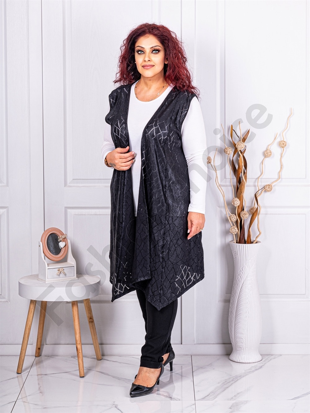 Plus size μακρύ ασύμμετρο γιλέκο σε συνδυασμό υφασμάτων-κωδ 24646-1