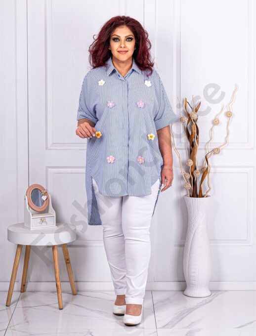 Plus size ριγέ πουκάμισο με απλικέ λουλούδια-κωδ 600
