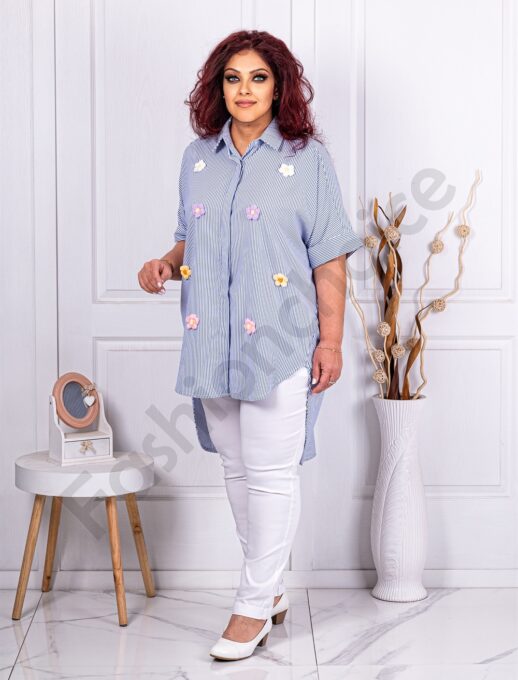 Plus size ριγέ πουκάμισο με απλικέ λουλούδια-κωδ 600
