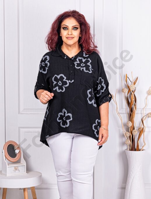Plus size ασύμμετρη μπλούζα με φλοράλ σχέδιο-μαύρο-κωδ 10057