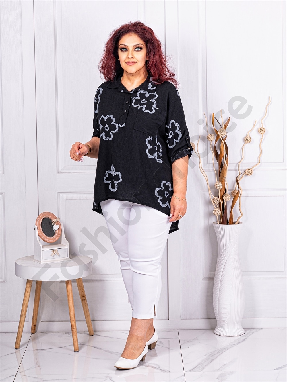 Plus size ασύμμετρη μπλούζα με φλοράλ σχέδιο-μαύρο-κωδ 10057