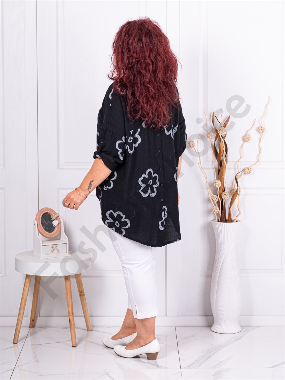 Plus size ασύμμετρη μπλούζα με φλοράλ σχέδιο-μαύρο-κωδ 10057