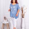 Plus size βαμβακερή-λινή μπλούζα με απλικέ-μπλε-κωδ 9660-5