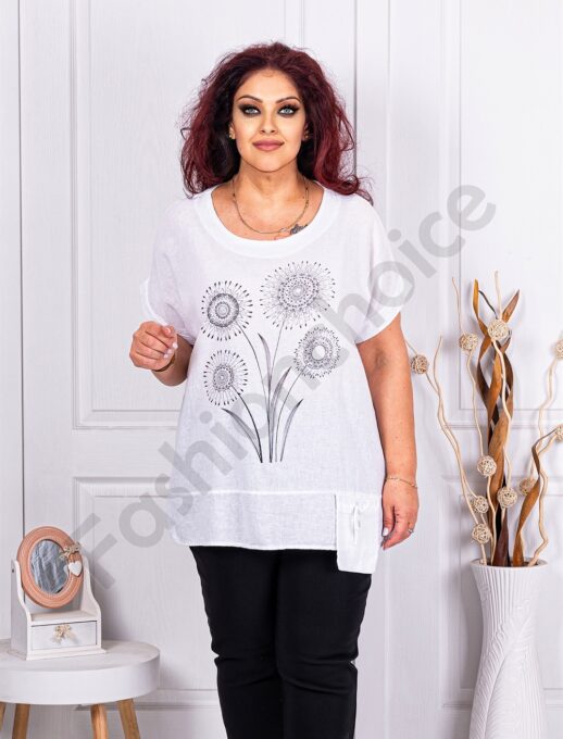 Plus size βαμβακερή-λινή μπλούζα με απλικέ-λευκό-κωδ 9660-2