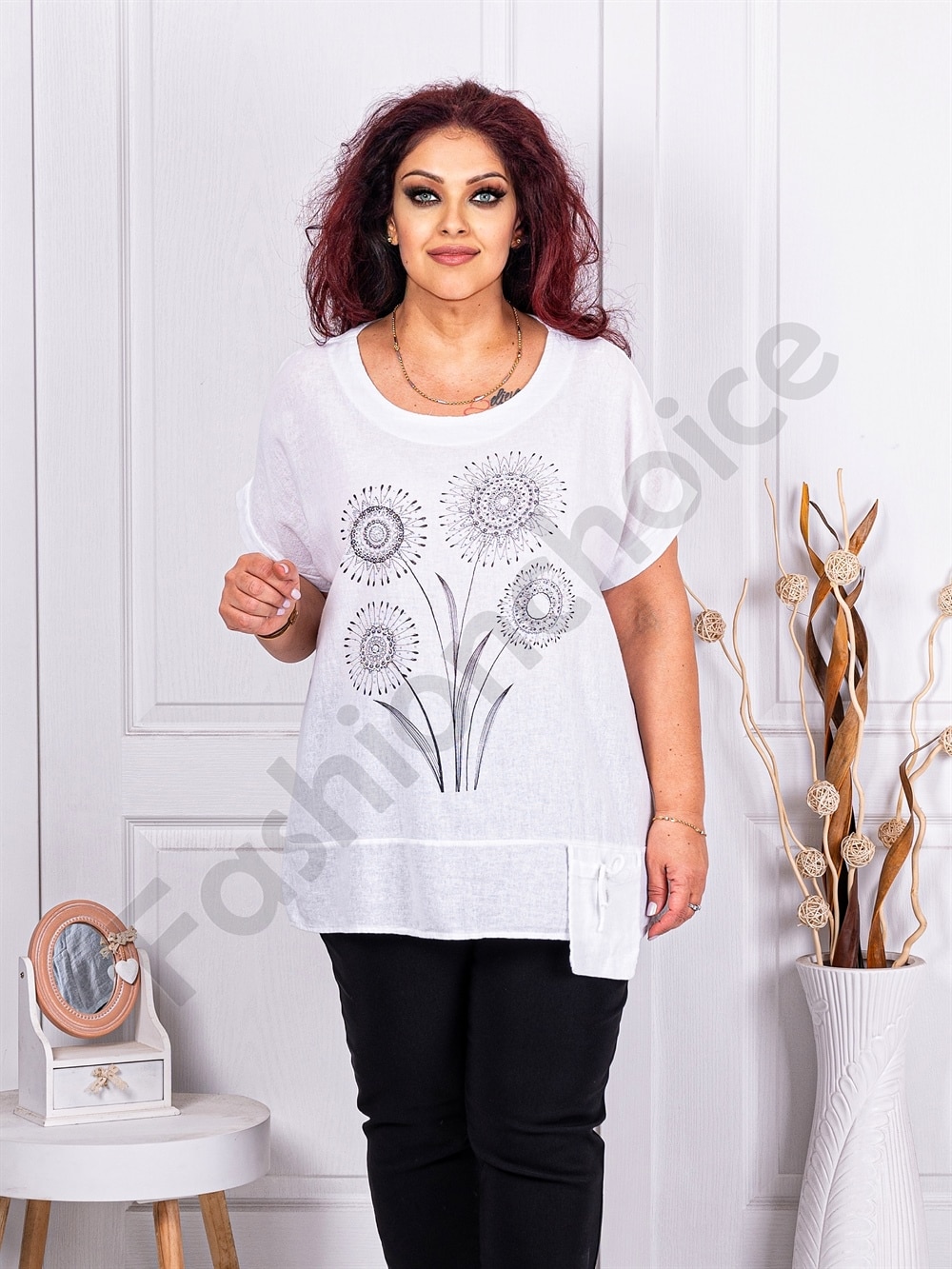 Plus size βαμβακερή-λινή μπλούζα με απλικέ-λευκό-κωδ 9660-2