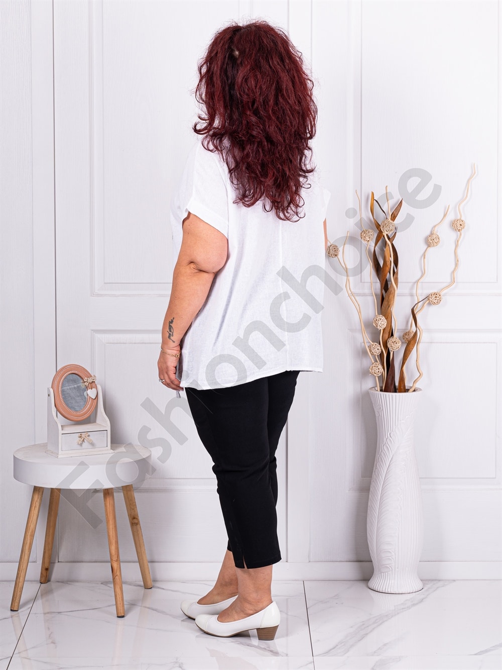 Plus size βαμβακερή-λινή μπλούζα με απλικέ-λευκό-κωδ 9660-2