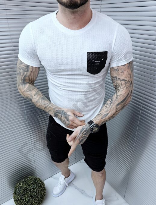 Ανδρικό T-shirt με δερματίνη τσέπη-λευκό-κωδ 6075-1