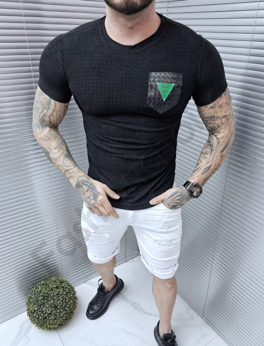Ανδρικό T-shirt με δερματίνη τσέπη-μαύρο-κωδ 6075