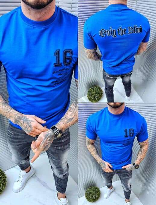 Ανδρικό T-shirt με κεντημένη επιγραφή-μπλε-κωδ 3147-2