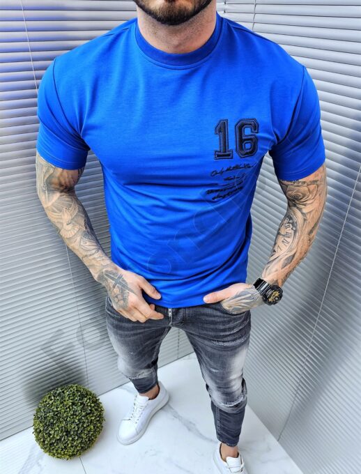 Ανδρικό T-shirt με κεντημένη επιγραφή-μπλε-κωδ 3147-2