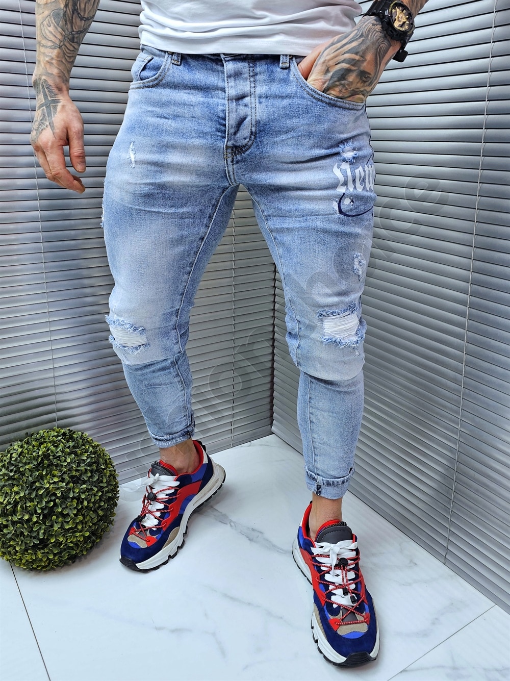 Ανδρικό Skinny Fit τζιν με τύπωμα-μπλέ ανοιχτό-κωδ 7353